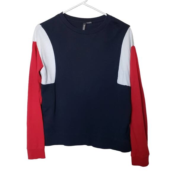 Y2K H&M Womens Shirt Oversized Colorblock Cotton Relaxed Casual Crew Neck Blue S - Picture 2 of 5